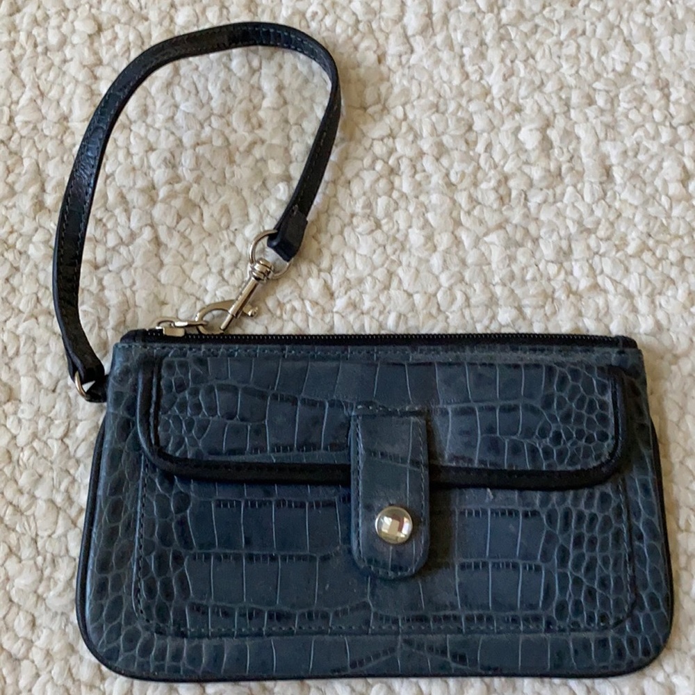 Blue embossed leather wristlet